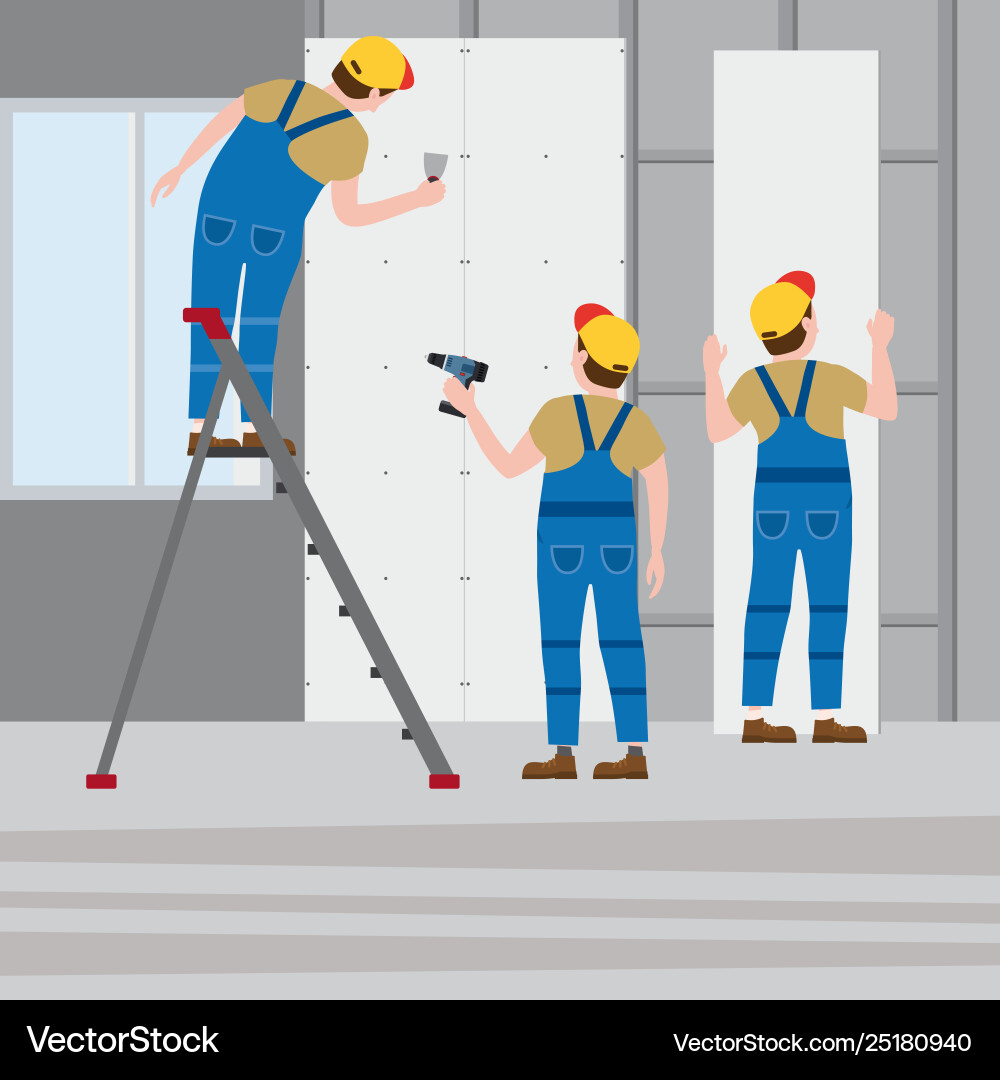 Workers put plaster on a stepladder installing Vector Image