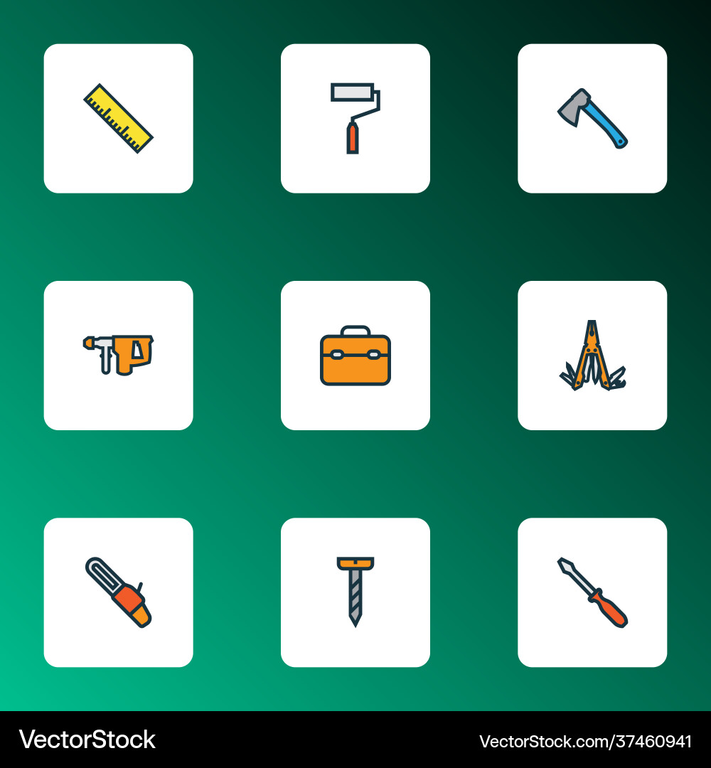 Handtools icons colored line set with toolbox Handtools icons colored line set with toolbox vector image