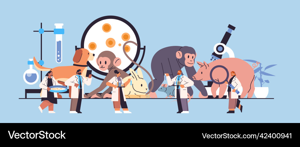 Scientists doing experiments in lab with animals Scientists doing experiments in lab with animals Vector Image