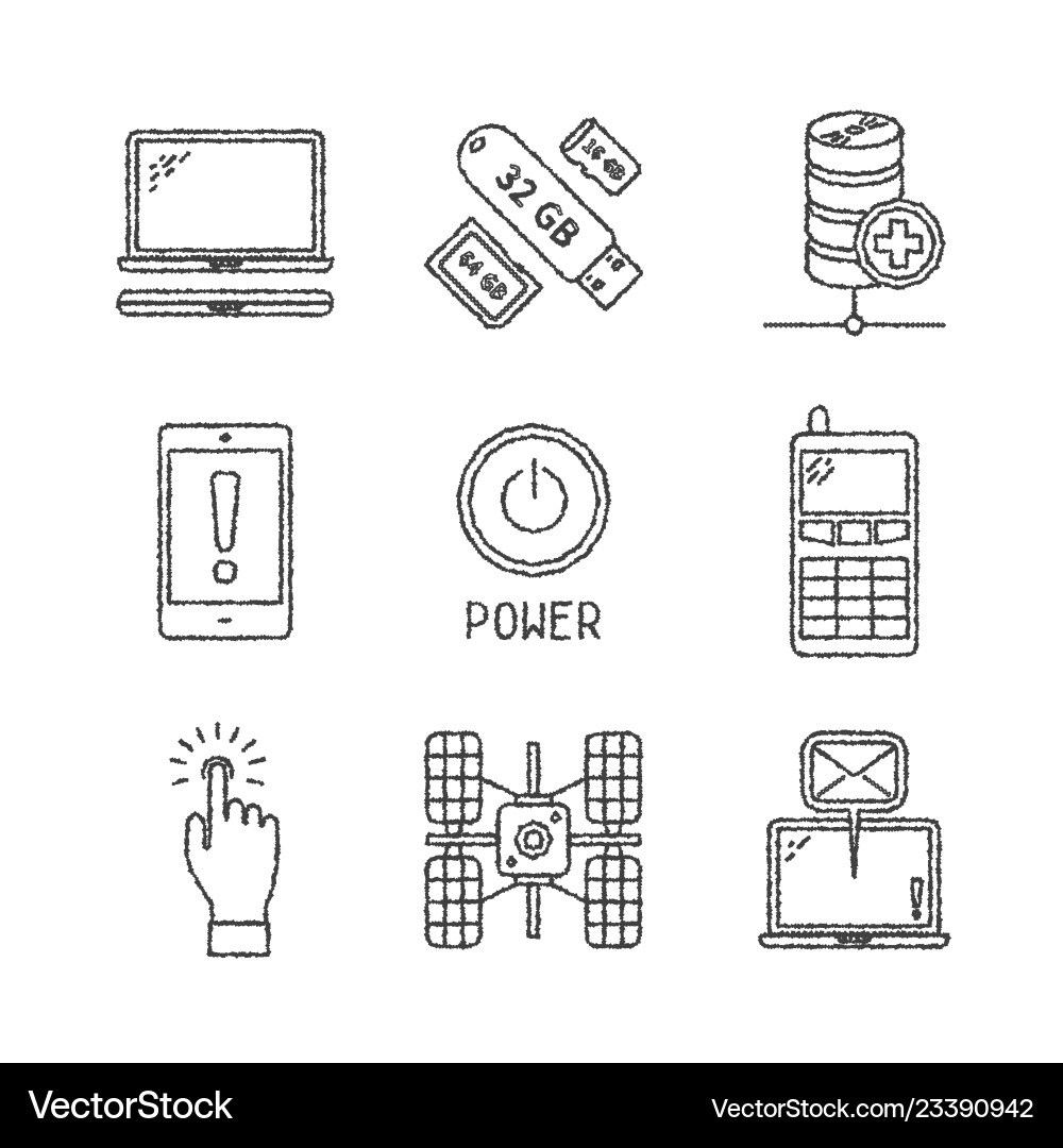Set of electronics icons and concepts in sketch Set of electronics icons and concepts in sketch vector image