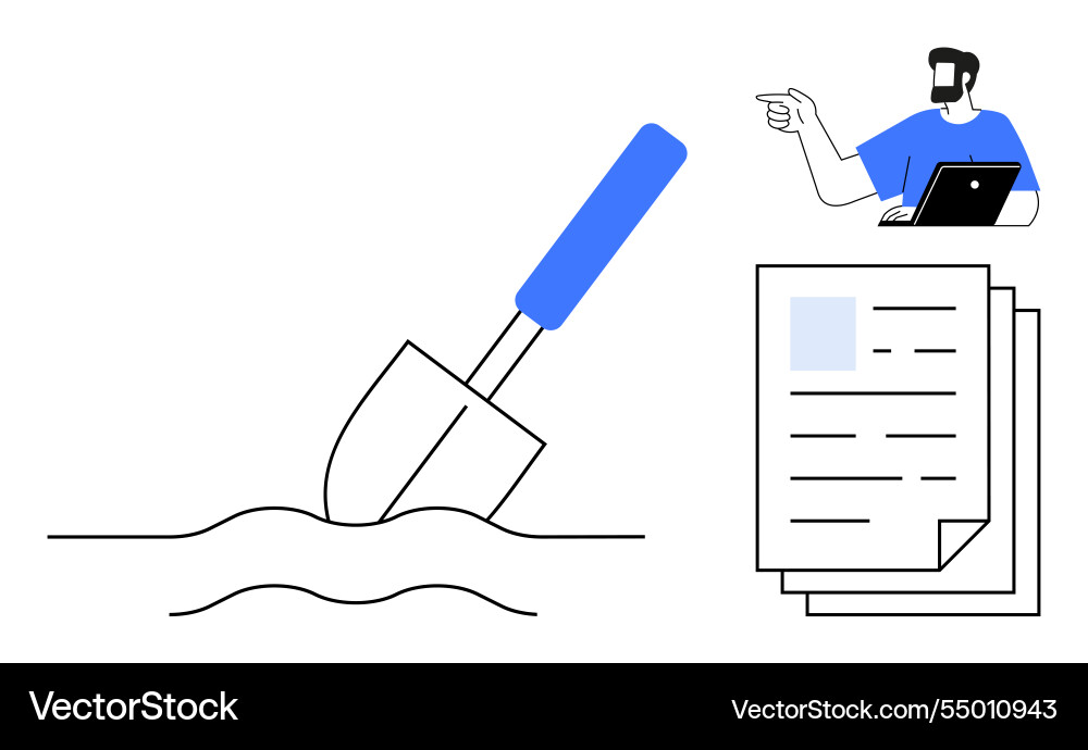 Man pointing while using laptop shovel digging Man pointing while using laptop shovel digging vector image