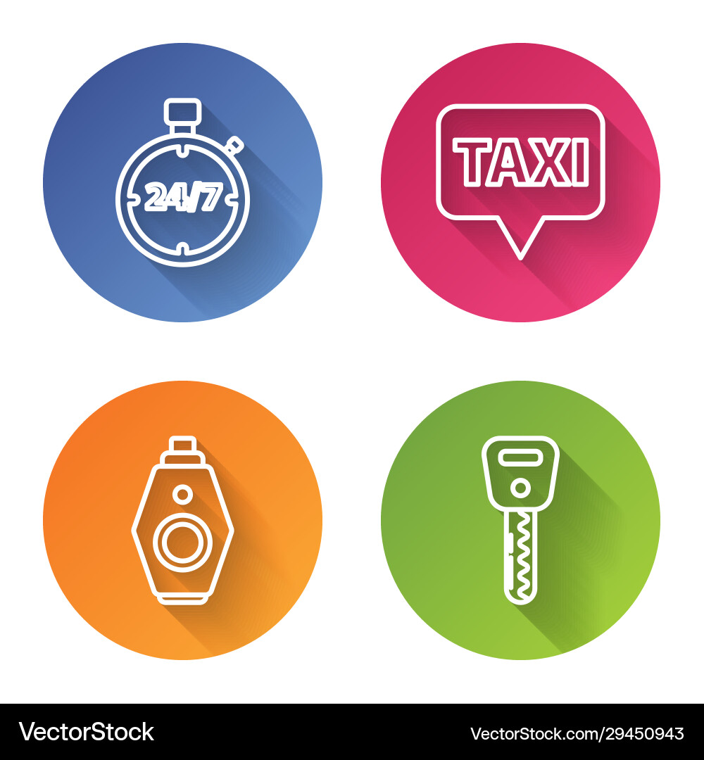 Set line stopwatch 24 hours map pointer with taxi Set line stopwatch 24 hours map pointer with taxi vector image