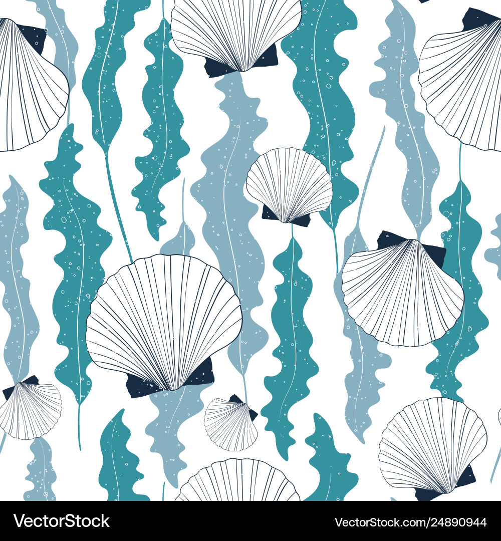 Sea seamless pattern with seashells and seaweeds Sea seamless pattern with seashells and seaweeds vector image