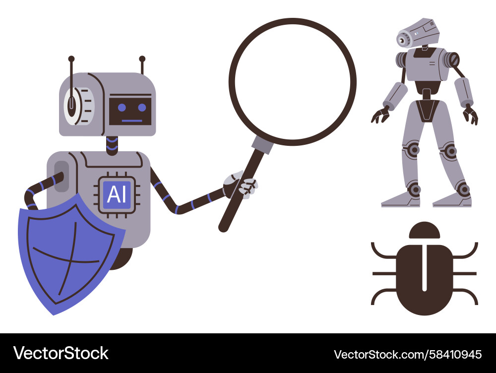 AI Robot Debugging with Shield Vector Image