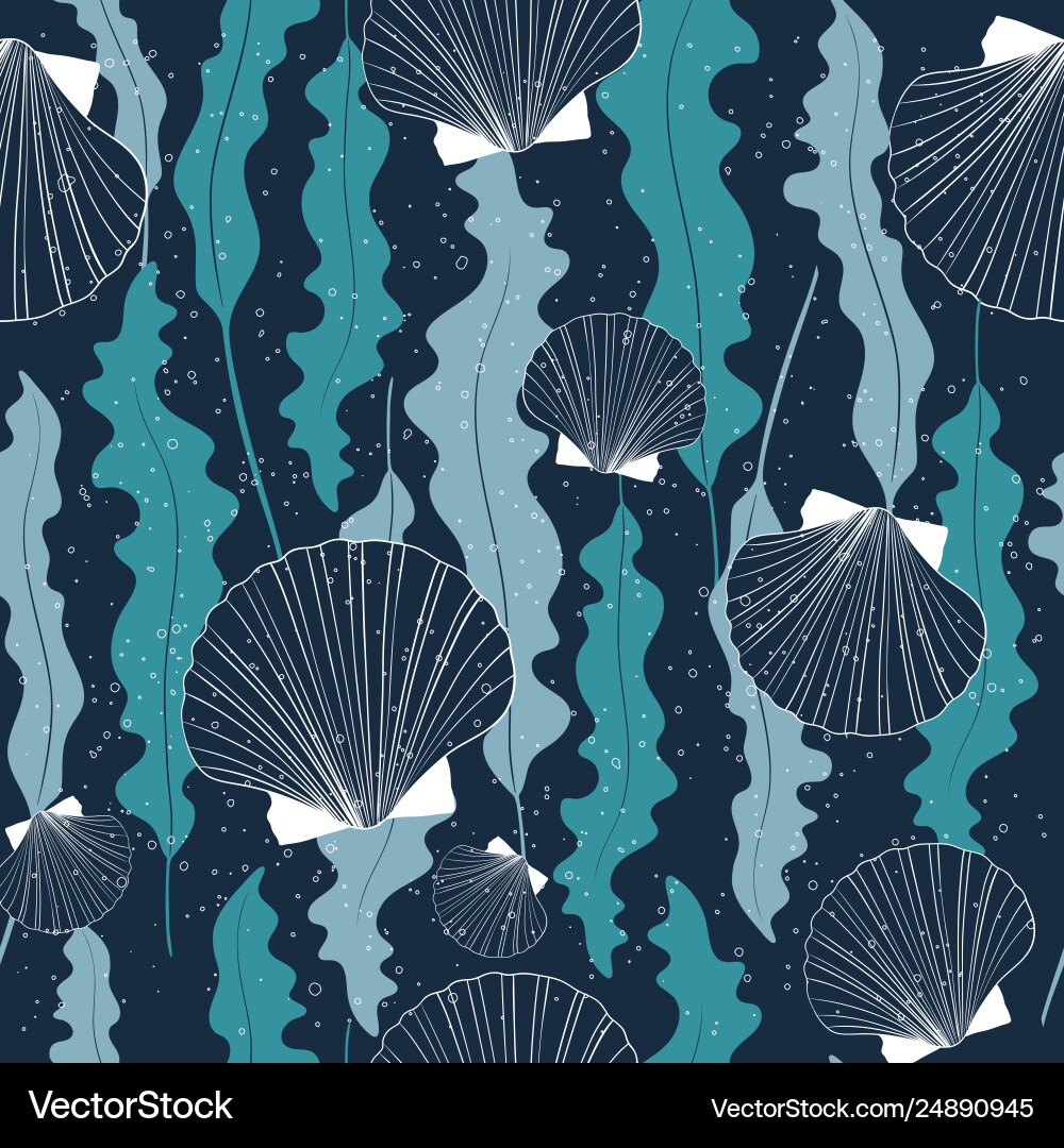 Dark Seashell and Seaweed Pattern Vector Image