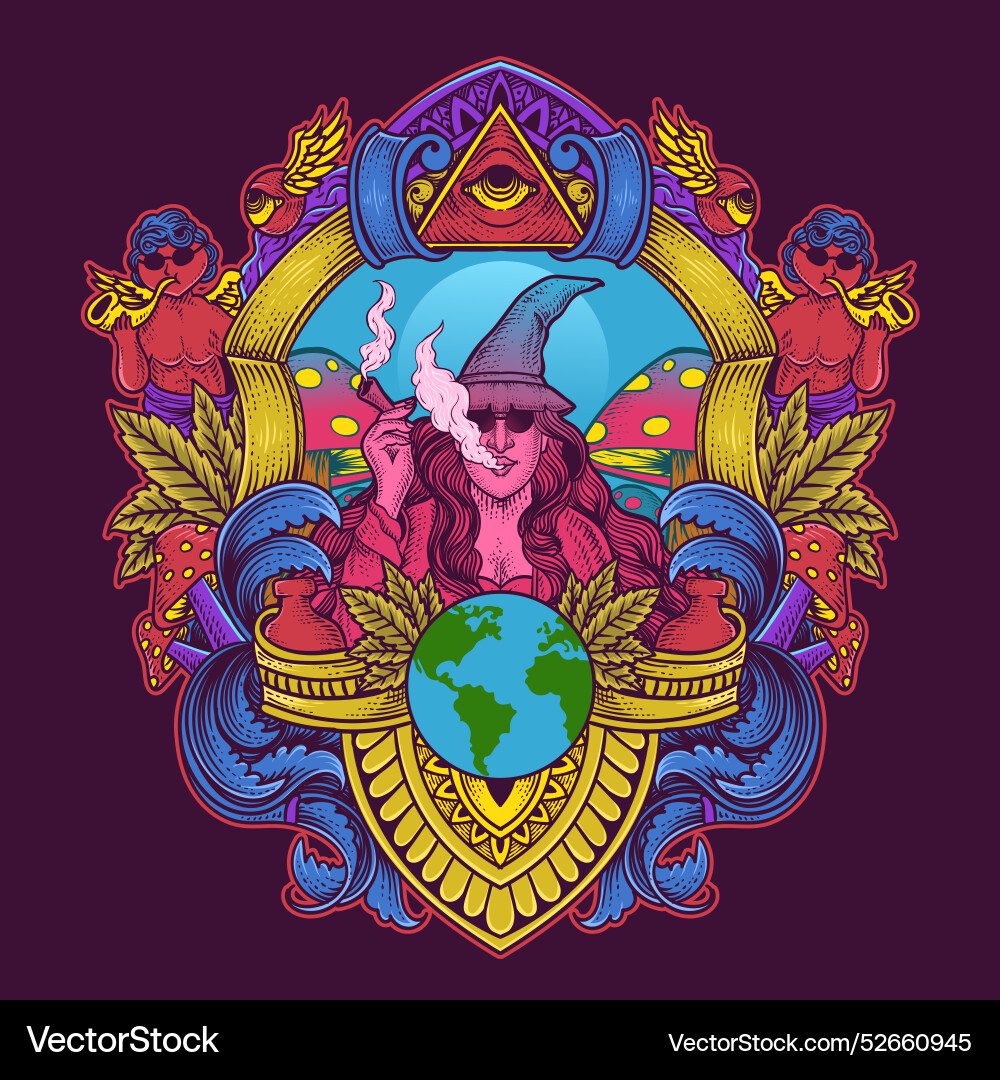 Witch smoking marijuana with colorful engraving Vector Image