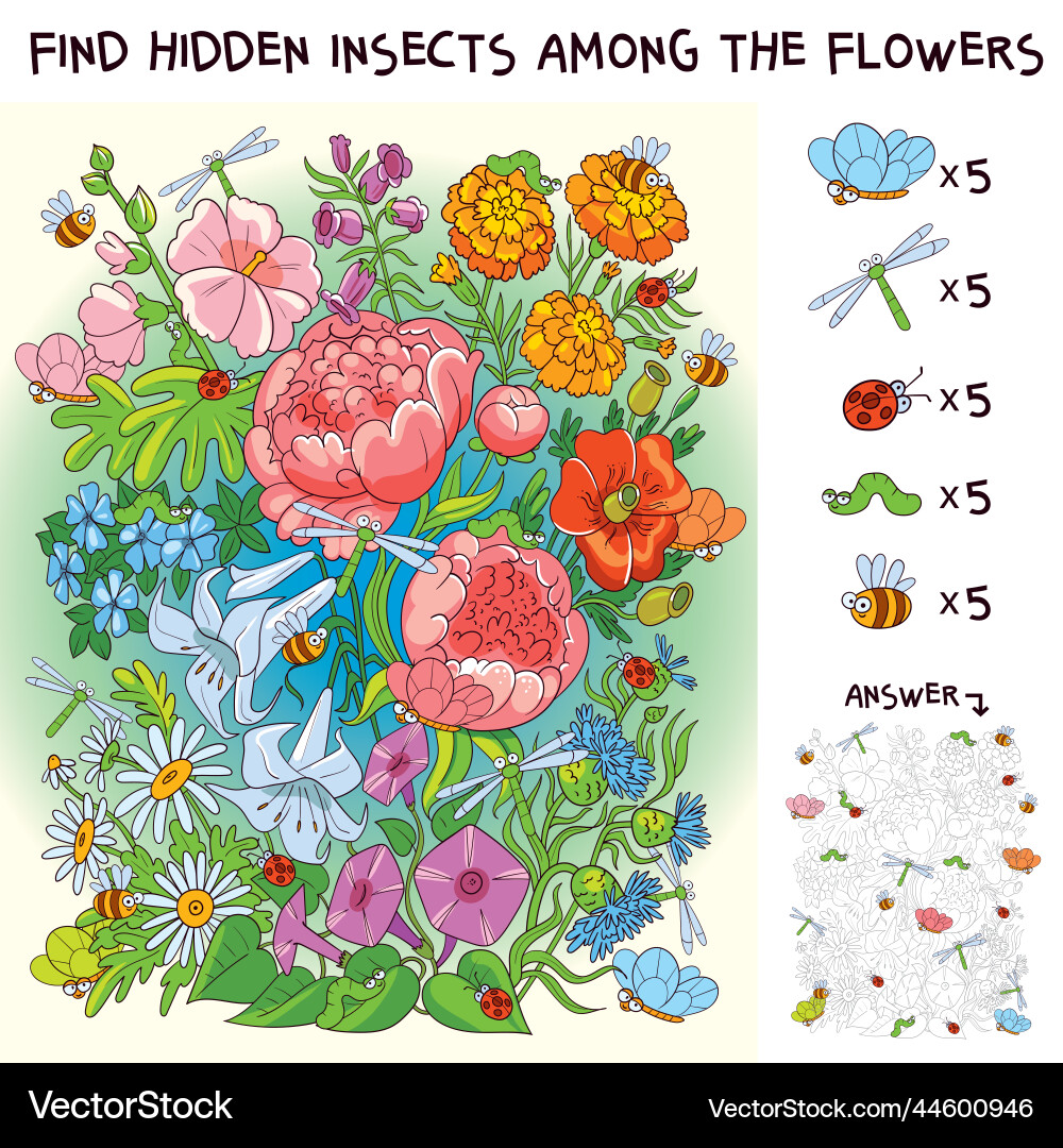 Finden Sie die versteckten Insekten im Blumenstrauß Finden Sie die versteckten Insekten im Blumenstrauß vektorbild