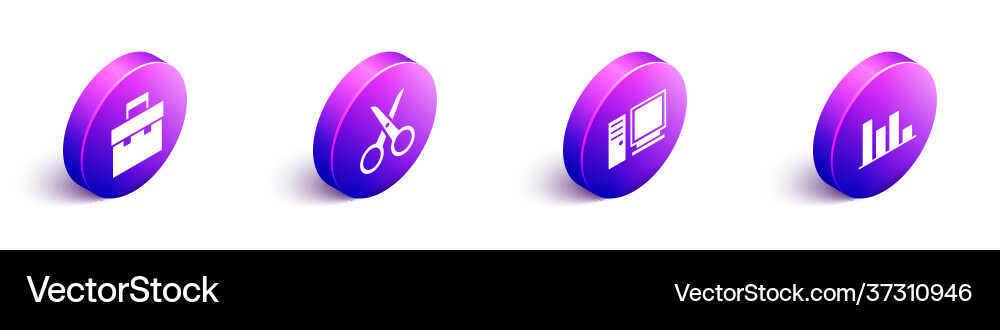 Set isometric briefcase scissors computer Set isometric briefcase scissors computer vector image