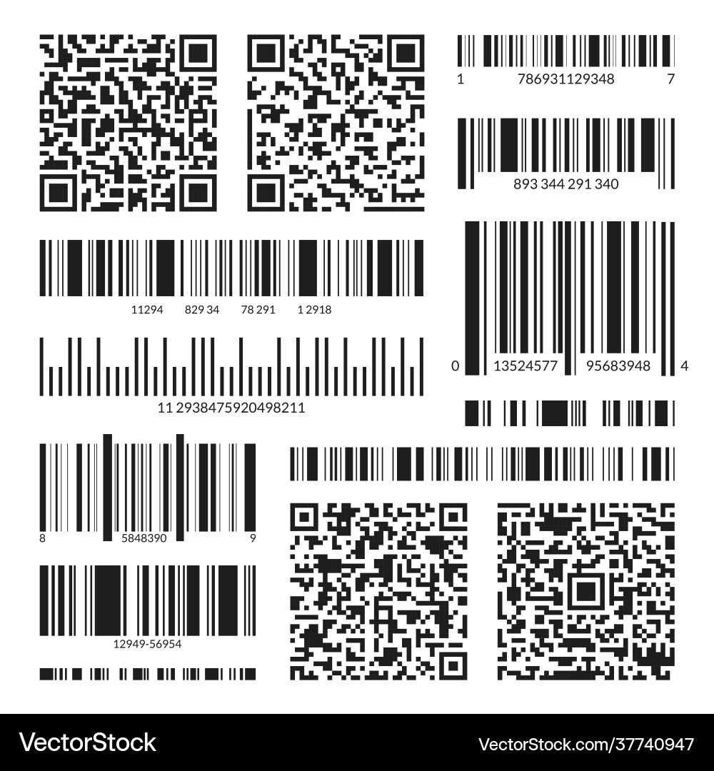 Different black barcodes and qr codes set Different black barcodes and qr codes set vector image
