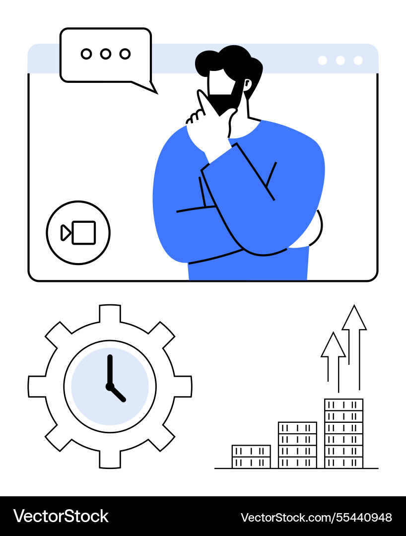 Virtual meeting concept with thoughtful man clock Virtual meeting concept with thoughtful man clock vector image
