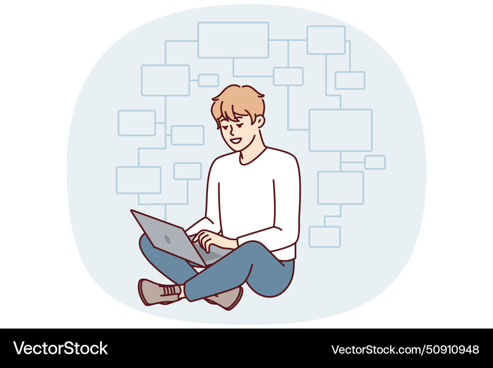 Young man programmer sits cross-legged on floor Young man programmer sits cross-legged on floor vector image