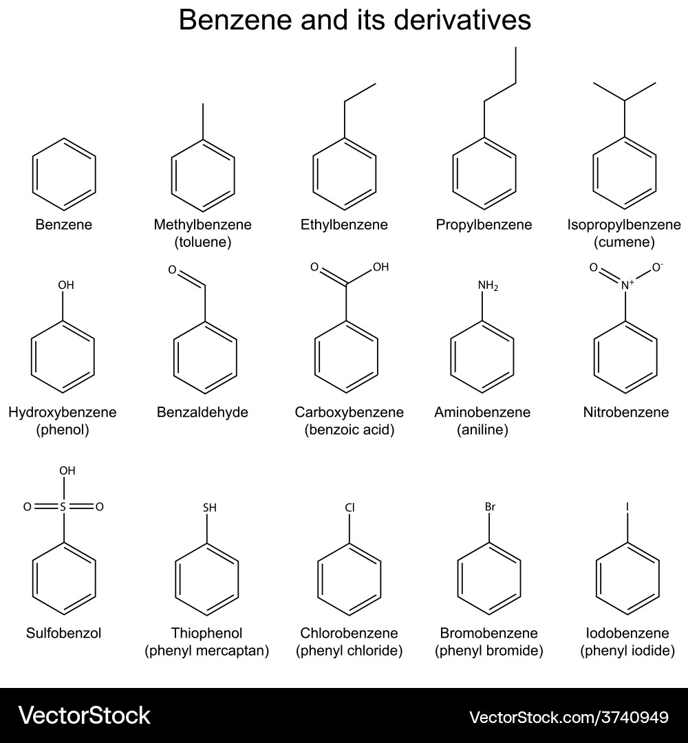 Benzene \u0026 Derivatives Chemical Formulas – Royalty-Free Vector | VectorStock, image size:1000x1080