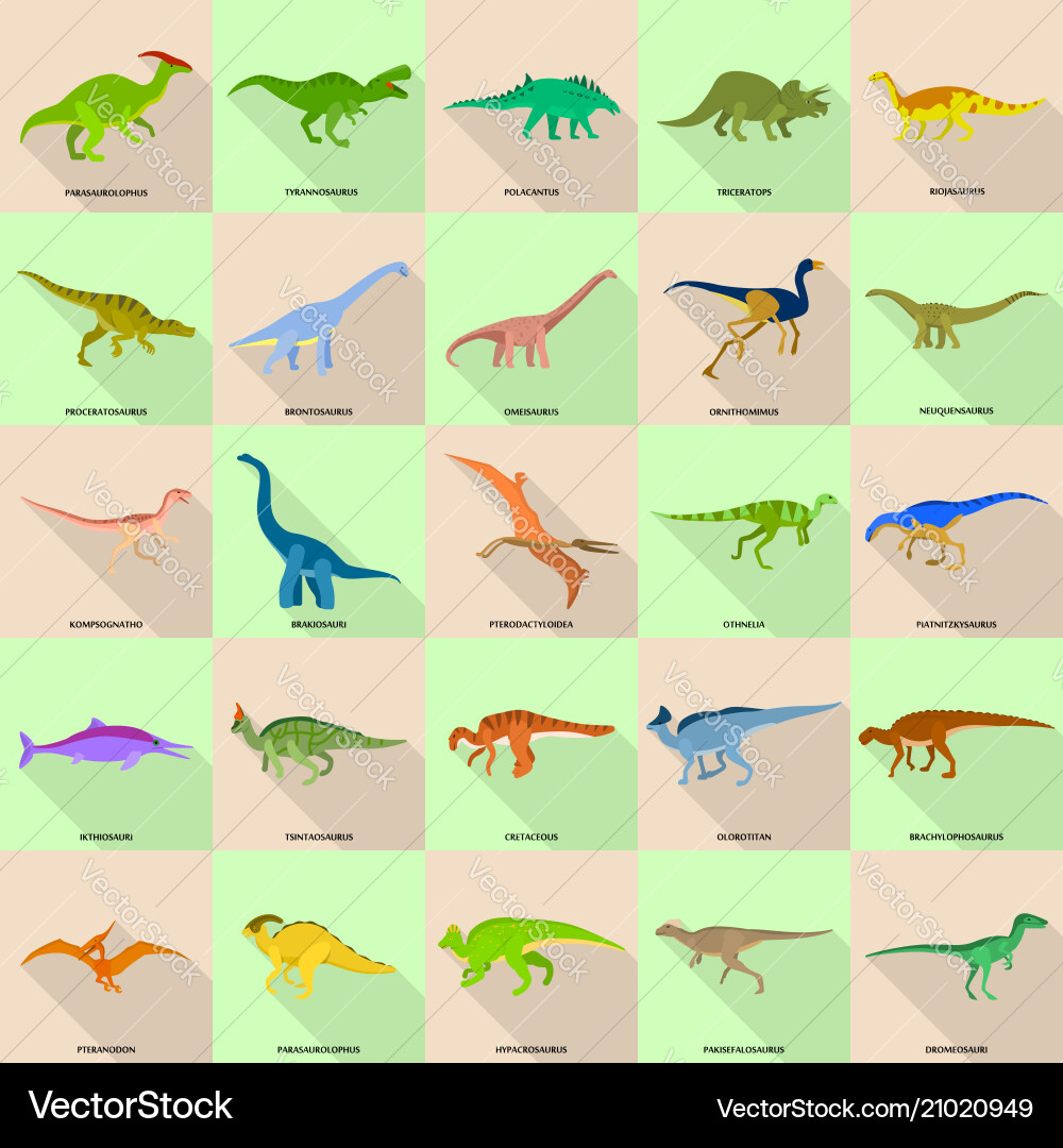 Dinosaur types signed name icons set flat style Dinosaur types signed name icons set flat style vector image