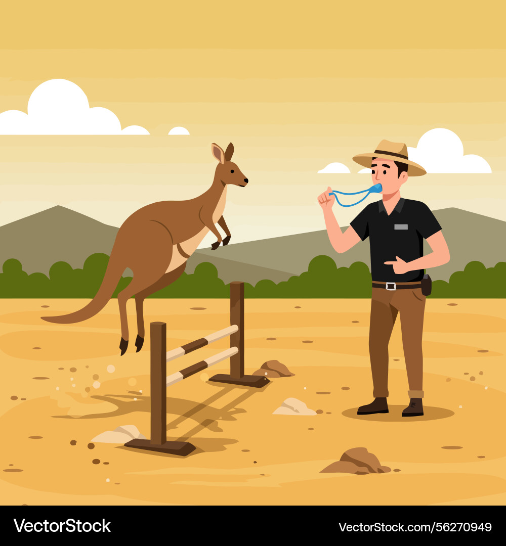 Kangaroo jumping over hurdle with trainer Kangaroo jumping over hurdle with trainer Vector Image