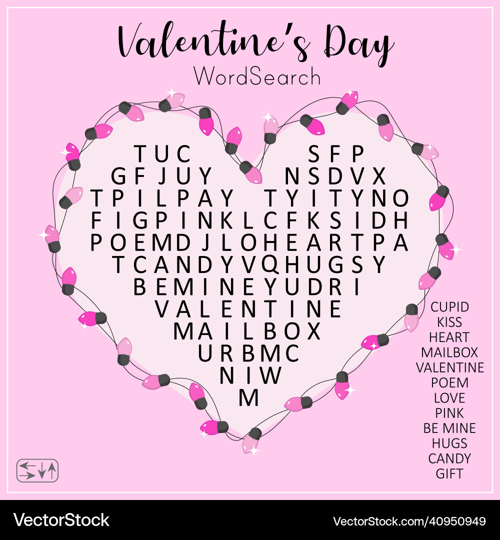 Valentines day word search puzzle with heart Vector Image
