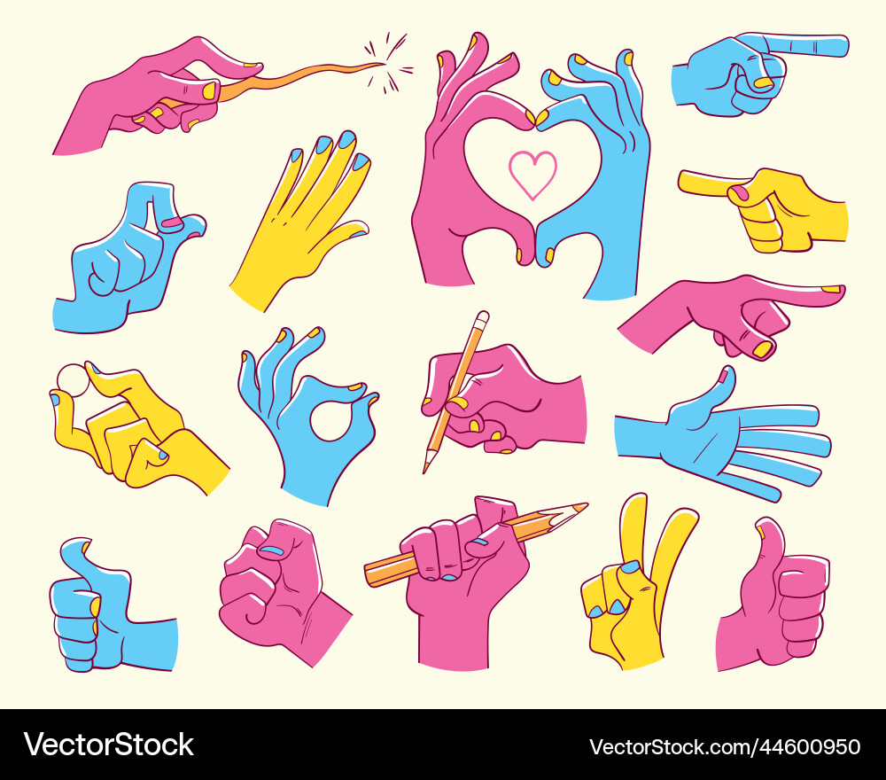 Various gestures of differently colored hands set Various gestures of differently colored hands set vector image