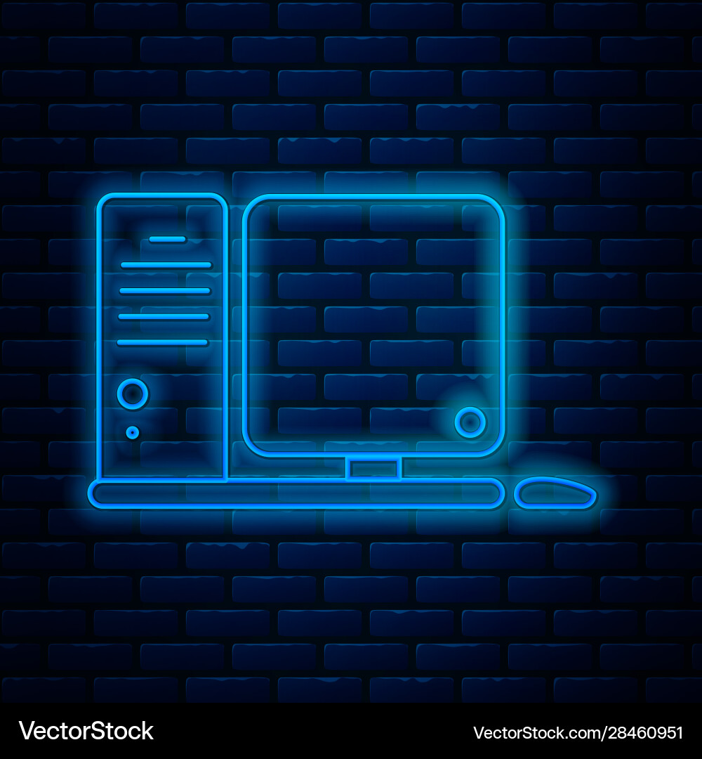 Glowing neon line computer monitor with keyboard Vector Image