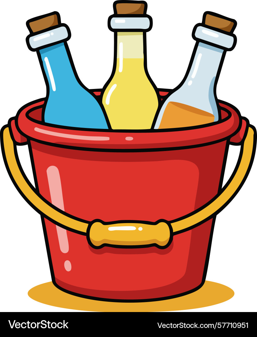 Red bucket with three colorful bottles Red bucket with three colorful bottles Vector Image