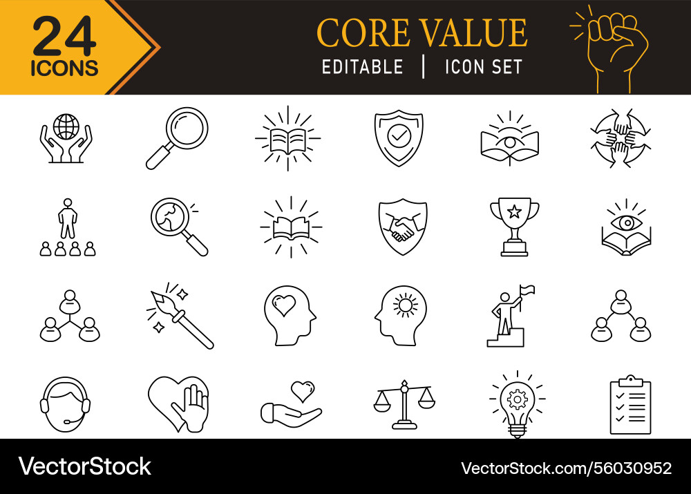 Core values editable outline icons set Vector Image