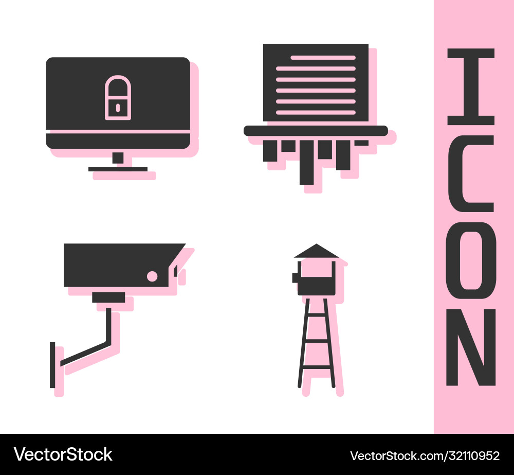 Set watch tower lock on computer monitor Set watch tower lock on computer monitor Vector Image