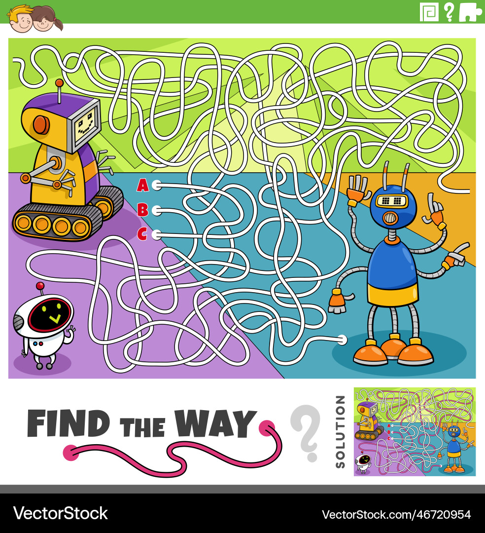 Find the way maze game with cartoon robots Find the way maze game with cartoon robots vector image