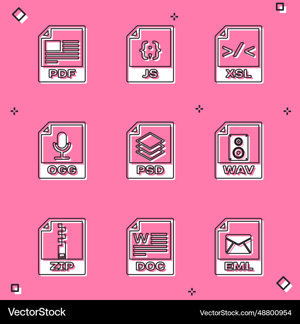 Set pdf file document js xsl ogg psd and wav vector image