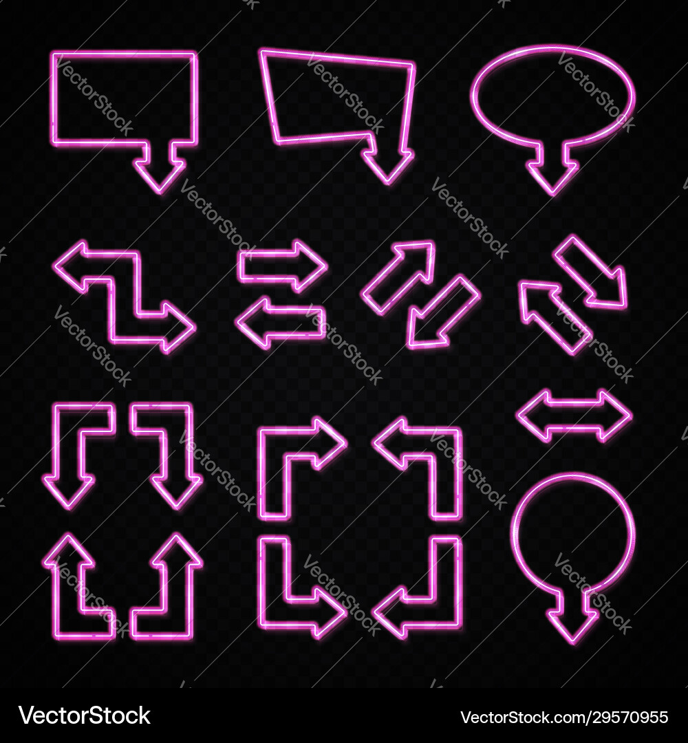 3d neon arrow sign set on transparent background Vector Image