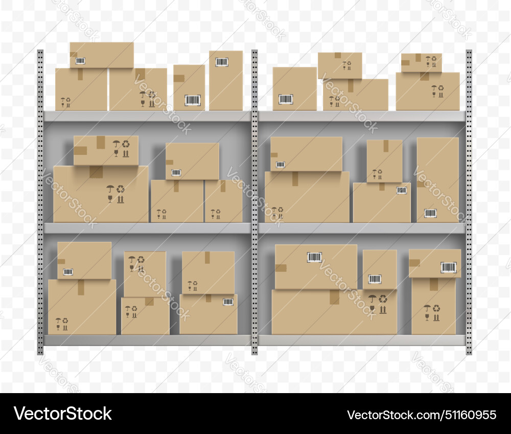 Cardboard boxes on metal rack with shelves Vector Image