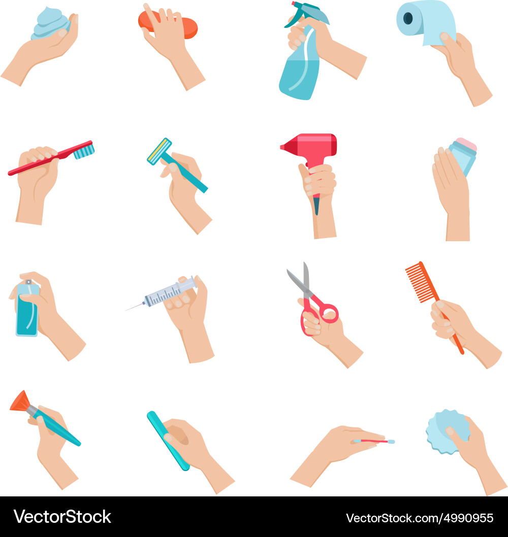 Hand holding objects icons set vector image