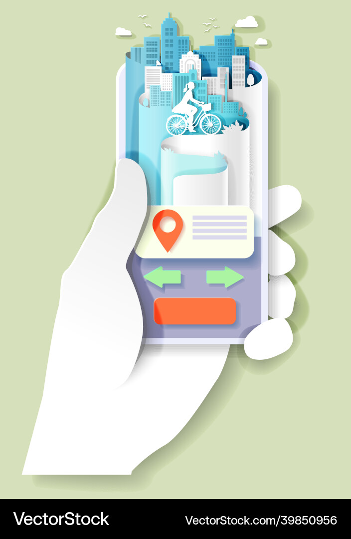 Hand holding mobile phone with location pin woman Vector Image