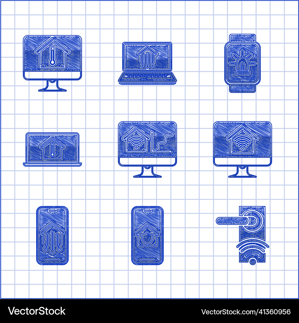 Set computer monitor with smart home wi-fi Set computer monitor with smart home wi-fi vector image