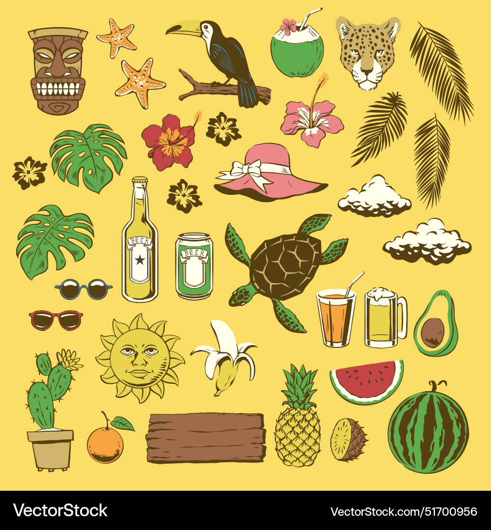 Summer set with hand drawn element and object Summer set with hand drawn element and object vector image