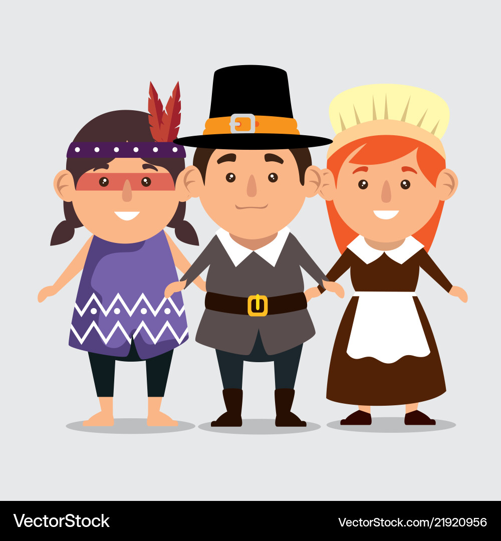 Thanks giving card with pilgrim couple and native Thanks giving card with pilgrim couple and native vector image