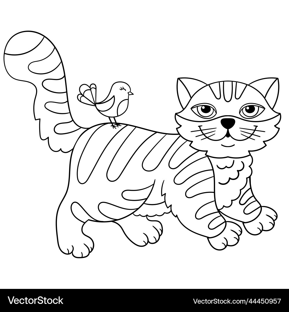 Cartoon cat with a bird black contour drawing Cartoon cat with a bird black contour drawing vector image