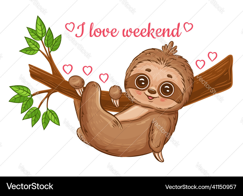 Cute lazy baby sloth hanging rest on branch tree Cute lazy baby sloth hanging rest on branch tree Vector Image