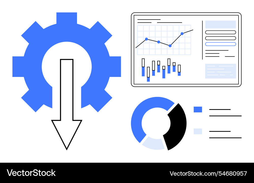 Gear with arrow data charts graphs demonstrating Gear with arrow data charts graphs demonstrating vector image