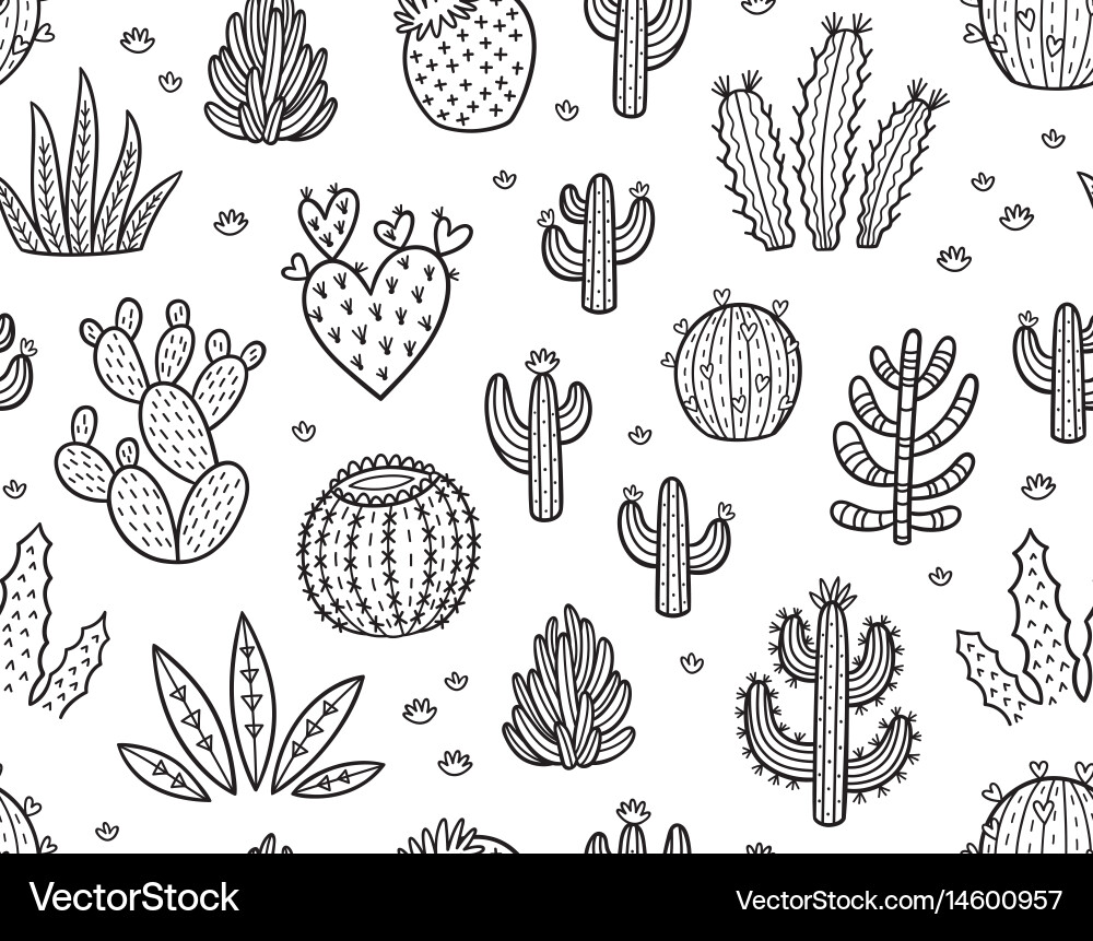 Ink seamless pattern with cactuses vector image