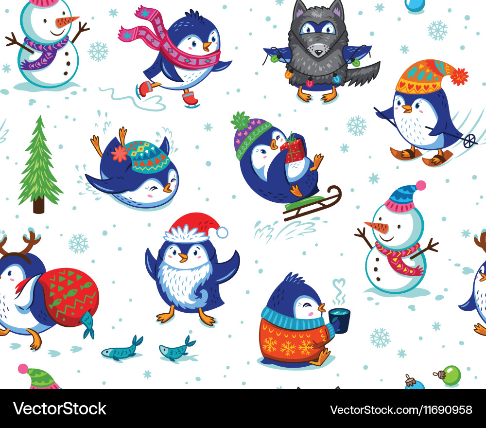 Christmas Penguins Seamless Pattern Vector Image