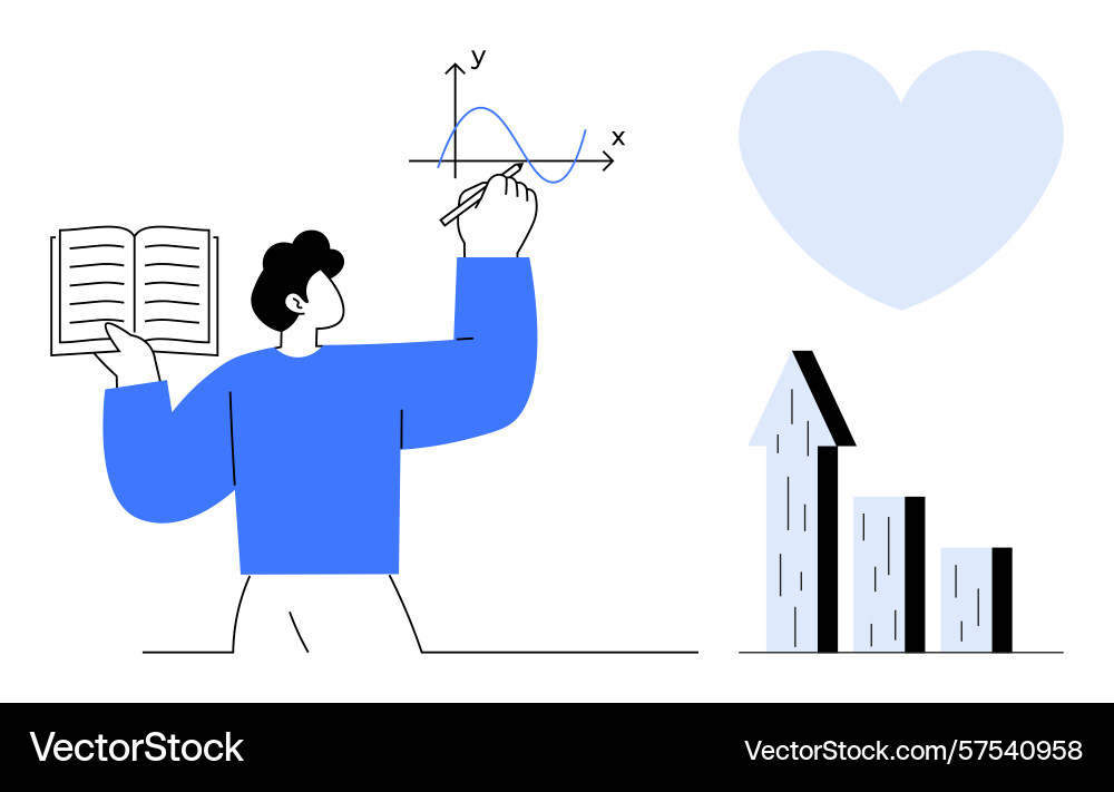 Man drawing mathematical graph with book near Man drawing mathematical graph with book near vector image