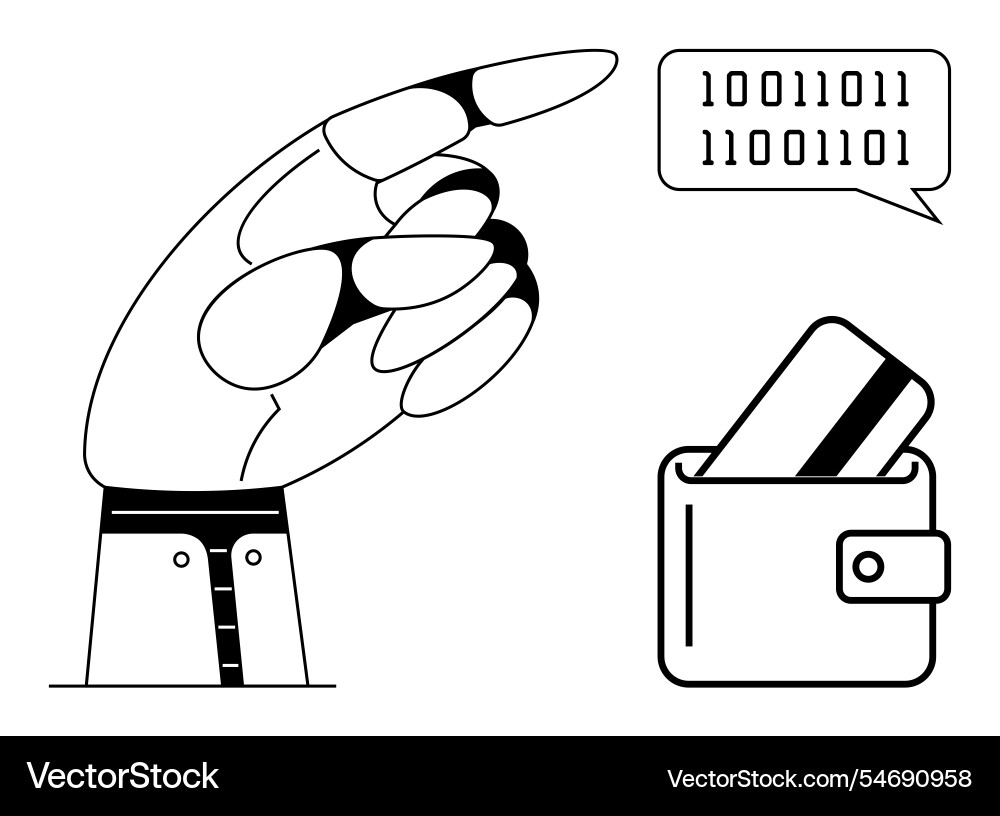 Robotic hand pointing towards wallet with binary Robotic hand pointing towards wallet with binary vector image