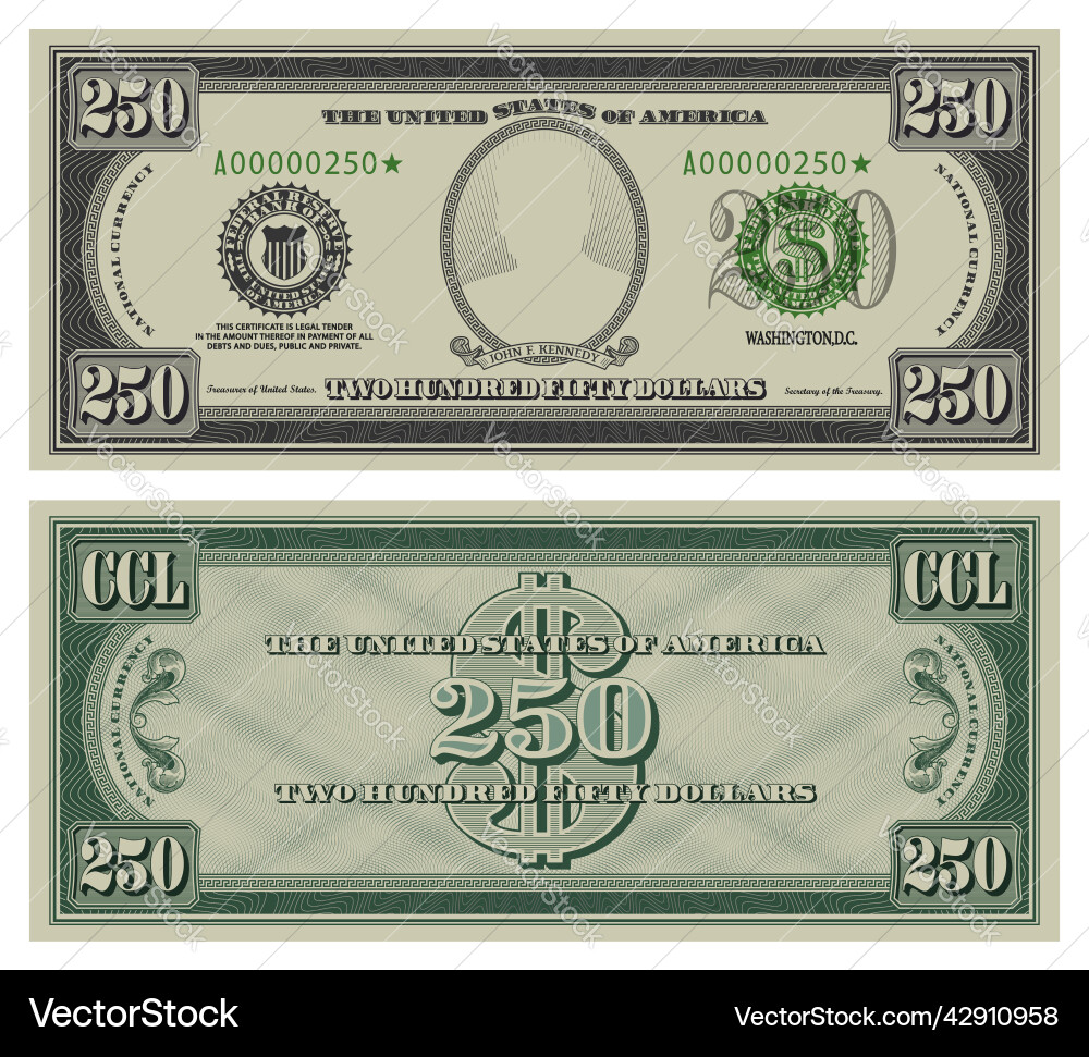 Two hundred fifty dollars banknote gray obverse Two hundred fifty dollars banknote gray obverse vector image