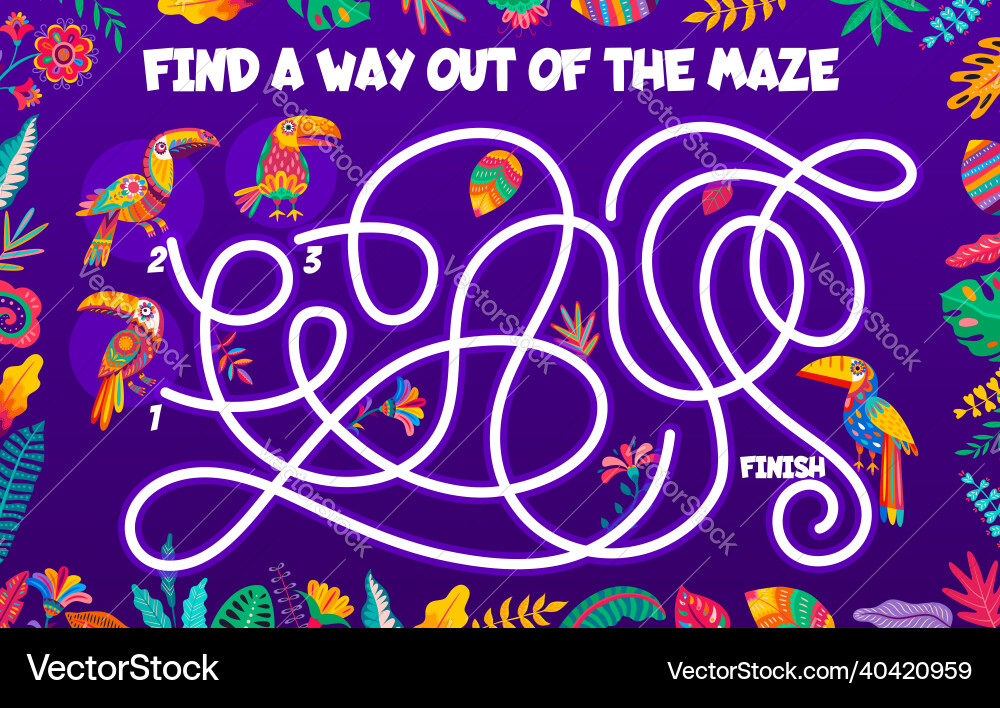 Help toucans find way out of the maze labyrinth Help toucans find way out of the maze labyrinth vector image