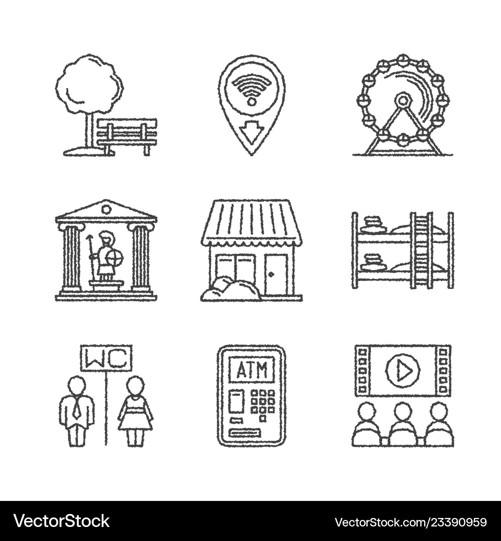 Set of common map icons in sketch style Set of common map icons in sketch style vector image