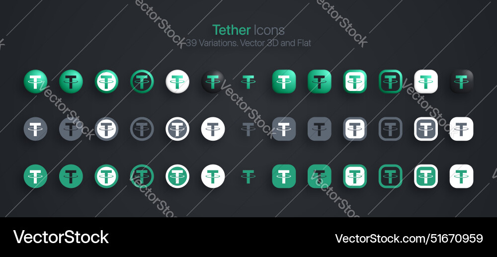 Tether usdt crypto currency 3d and flat icons set Tether usdt crypto currency 3d and flat icons set vector image