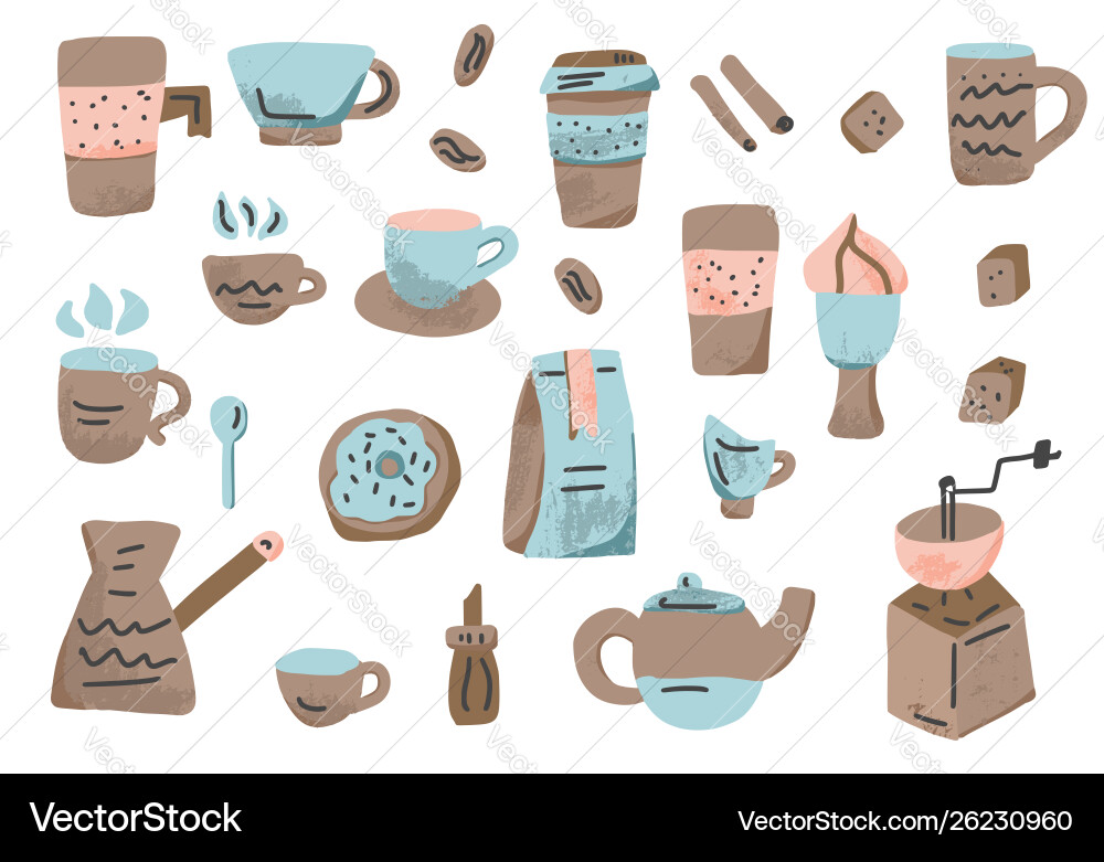 Coffee set objects design elements Vector Image