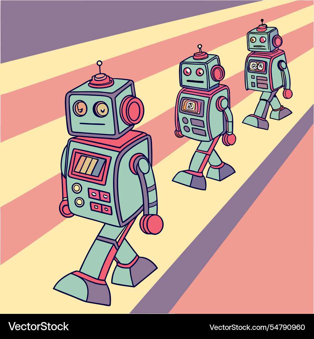 Retro futuristic robots in repeating rows Vector Image