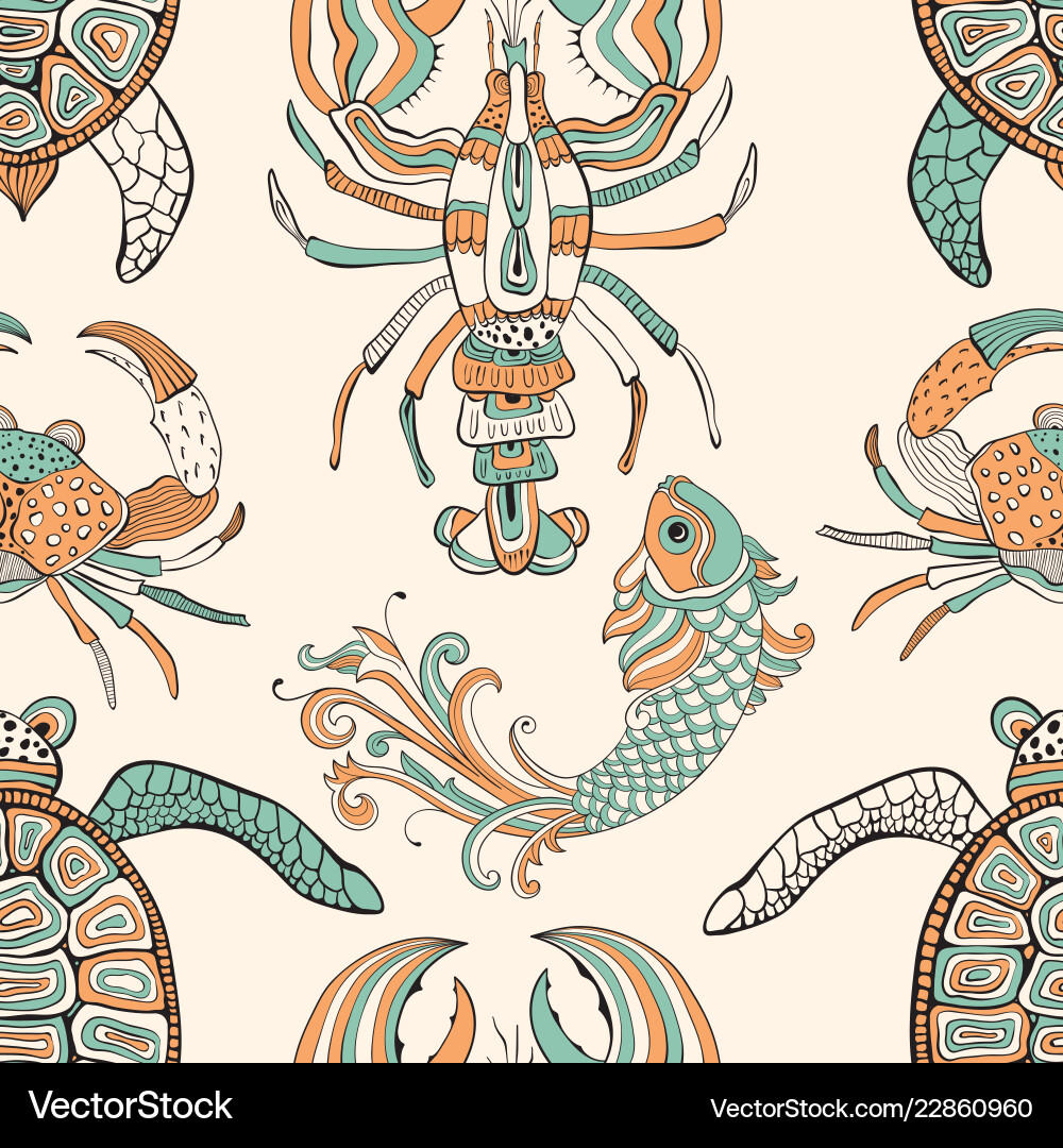 Seamless pattern with turtles crabs lobsters Seamless pattern with turtles crabs lobsters vector image