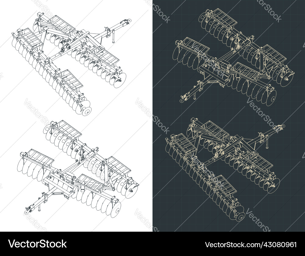 Disc harrow isometric blueprints vector image