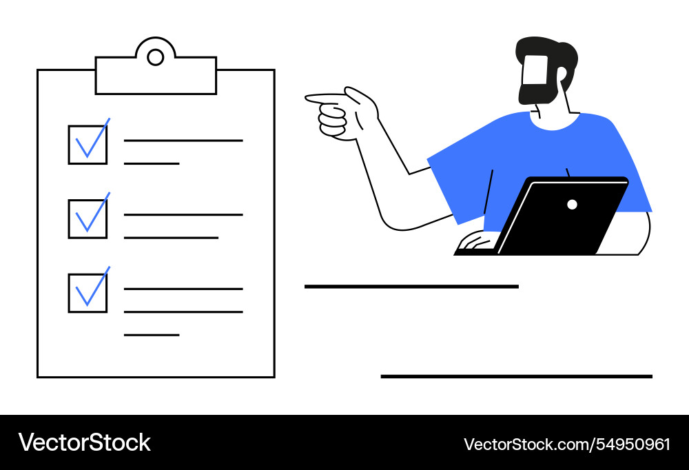 Man with laptop pointing at checklist emphasizing Man with laptop pointing at checklist emphasizing vector image