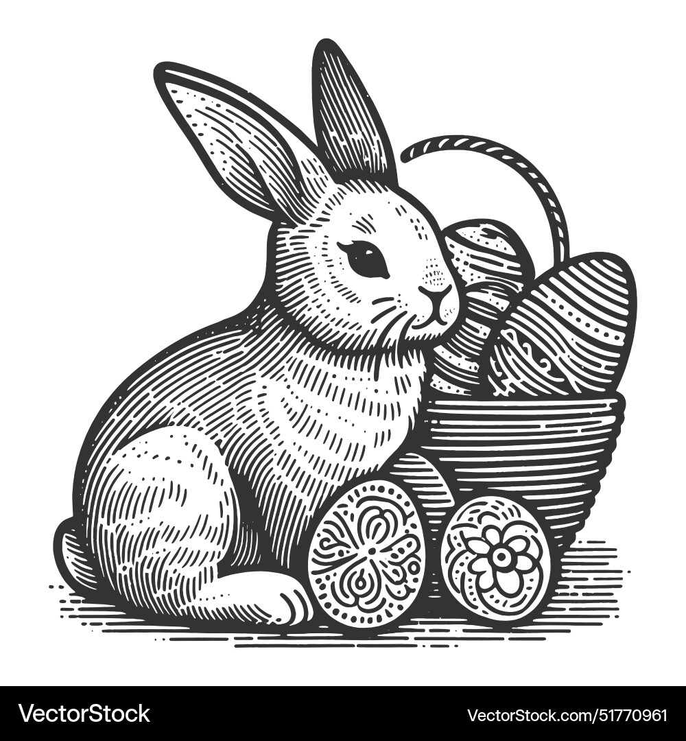 Osterhase mit Korb und Eier Skizze Osterhase mit Korb und Eier Skizze vektorbild
